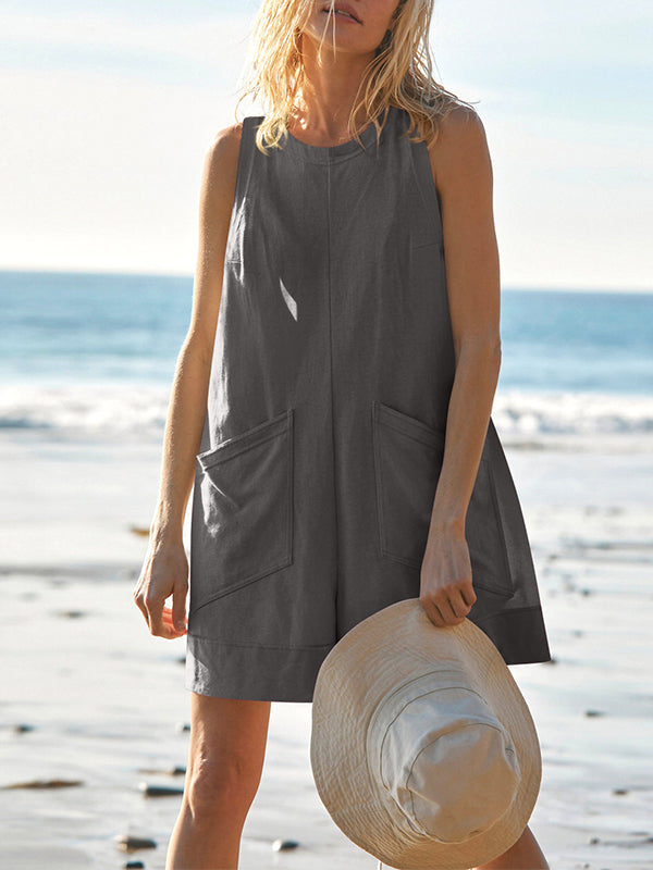 Pockets Solid Color Loose Sleeveless Round-Neck Rompers
