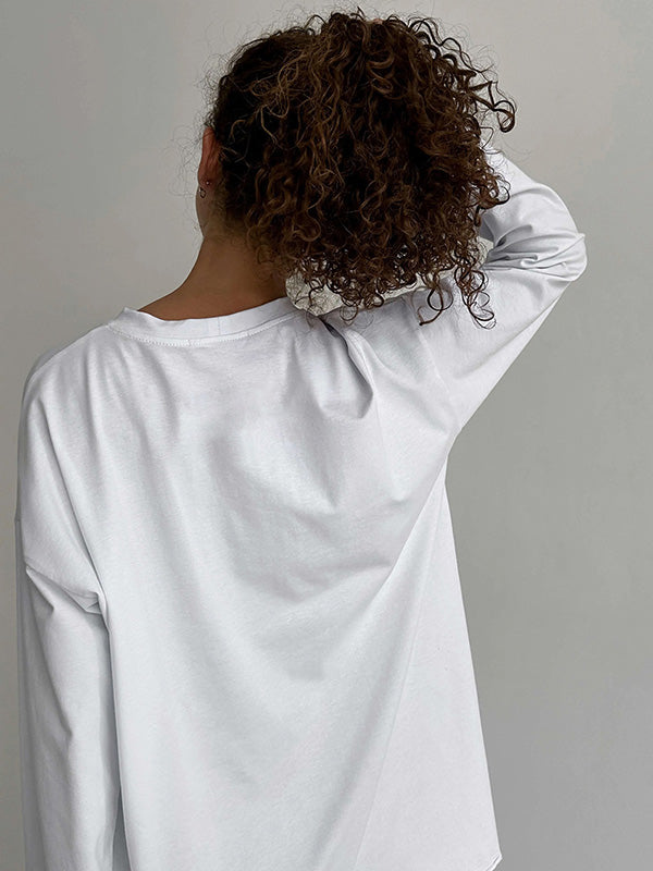 Solid Color Long Sleeves Loose Round-Neck T-Shirts Tops