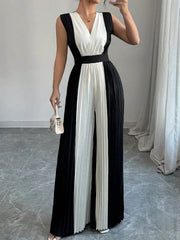 High Waisted Loose Contrast Color Pleated V-Neck Jumpsuits
