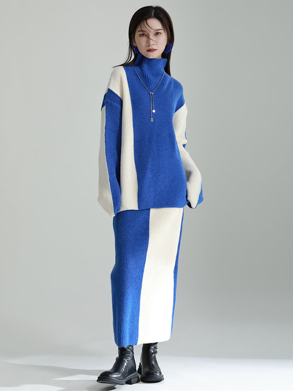 Casual Loose Long Sleeves Contrast Color High-Neck Sweater Top&Skirt Two Pieces Set