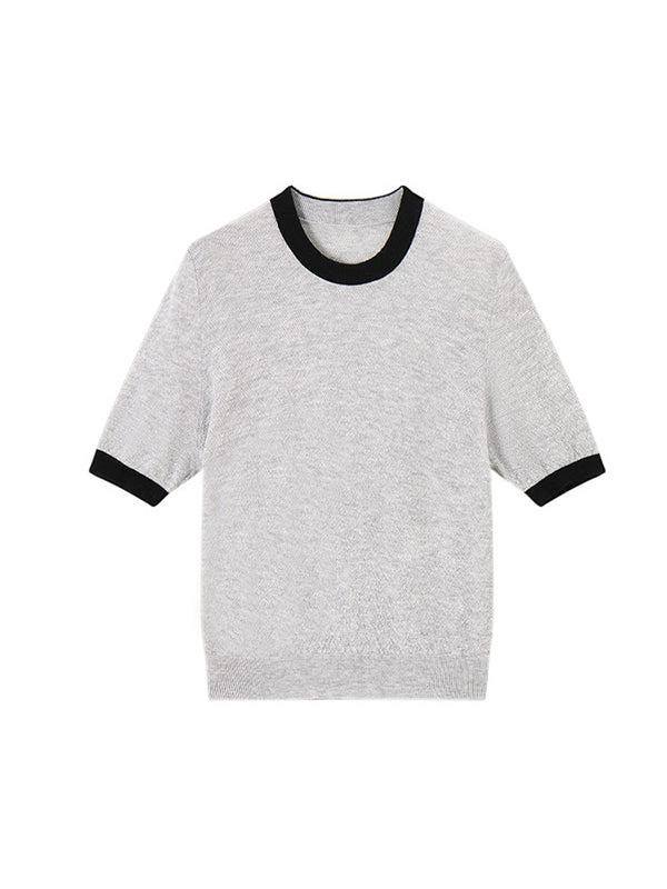 Contrast Color Loose Short Sleeves Round-Neck T-Shirts