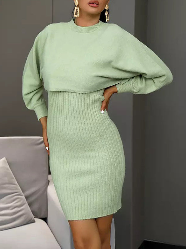 Round-Neck Long Sleeves Solid Color Sweater Top + Inner Dress Two Pieces Set