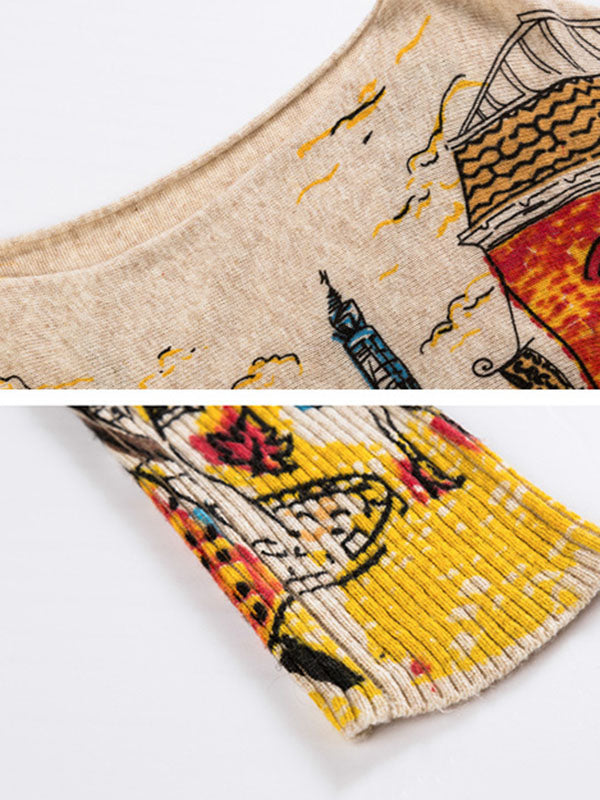 Original Loose Cartoon Printed Round-Neck Long Sleeves Sweater Dress