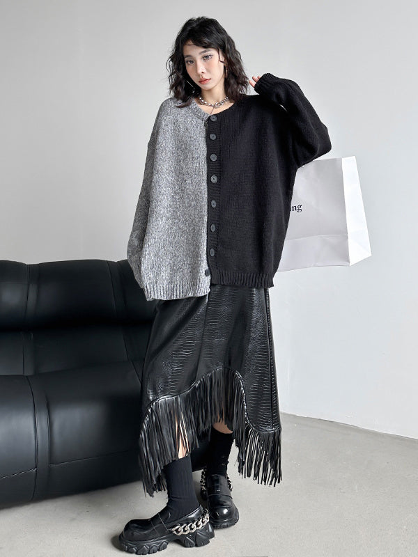 Asymmetric Buttoned Crocodile Texture Solid Color Tasseled A-Line Irregularity Skirts Bottoms