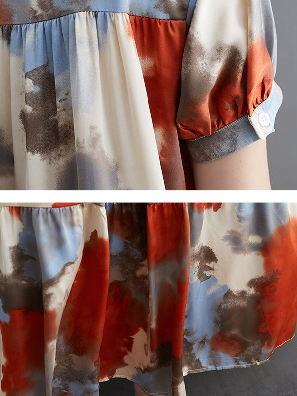 Printed Split-Joint Loose Short Sleeves Stand Collar Midi Dresses