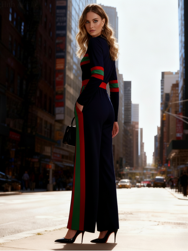 Elasticated Waist Long Sleeves Contrast Color Pockets Striped Half Turtleneck Jumpsuits