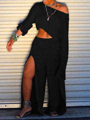 Solid Color Long Sleeves Round-Neck T-Shirt + Split-Side Wide Leg  Pants Two Pieces Set