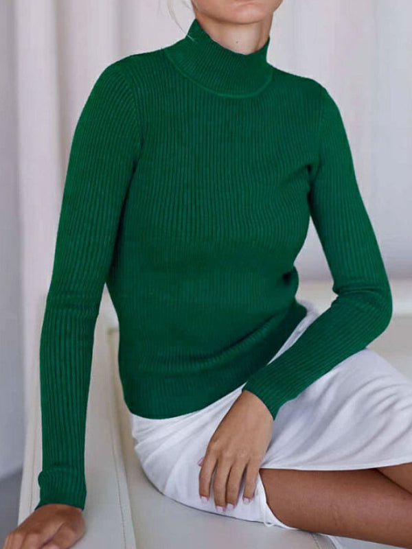 Solid Color Split-Joint Long Sleeves Skinny High Neck Sweater Tops