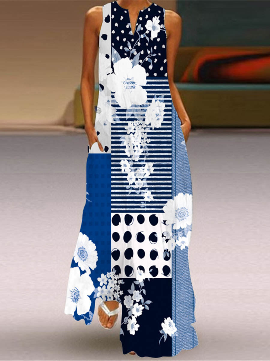 Contrast Color Pockets Printed Split-Joint A-Line Loose V-Neck Maxi Dresses