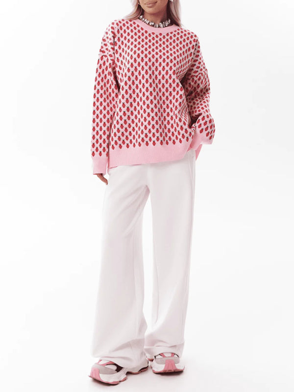 Pleated Split-Joint Long Sleeves Loose Round-Neck Sweater Tops