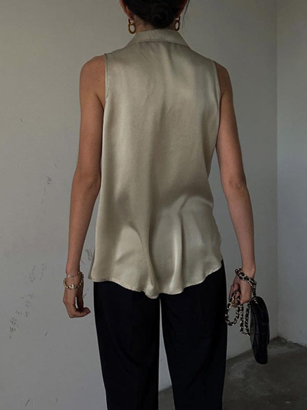 Solid Color Split-Joint Loose Sleeveless Lapel Vest Top