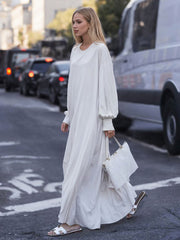 Solid Color Puff Sleeves Loose Round-Neck Maxi Dresses