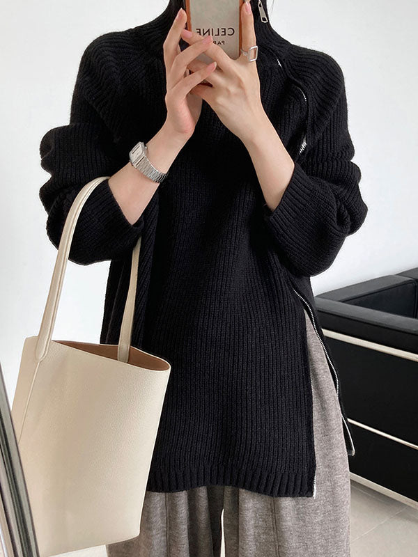 Urban Loose Long Sleeves Split-Side Solid Color Zipper Halter-Neck Sweater Tops