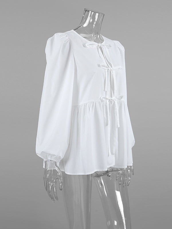 Elasticity Solid Color Split-Joint Tied Long Sleeves Loose Round-Neck Blouses&Shirts Tops