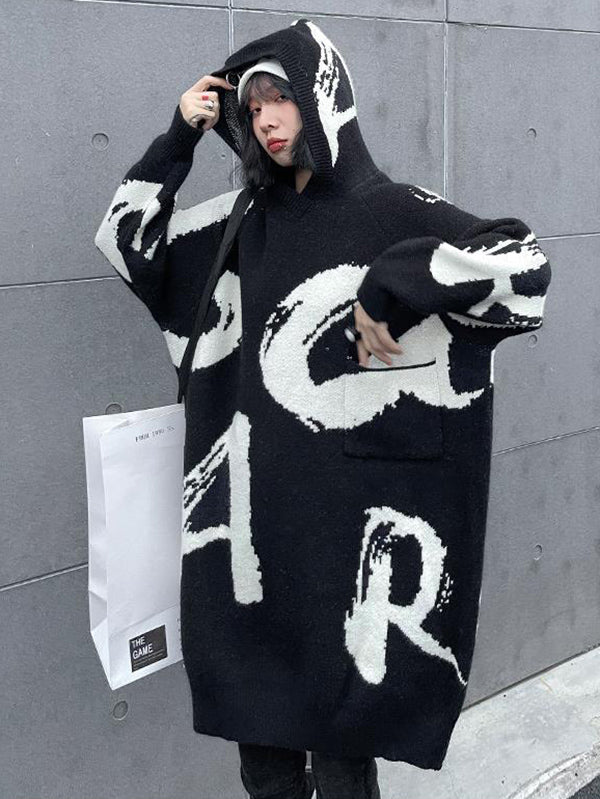 Stylish Selection Loose Hooded Letter Print Mini Dresses Sweater Dresses