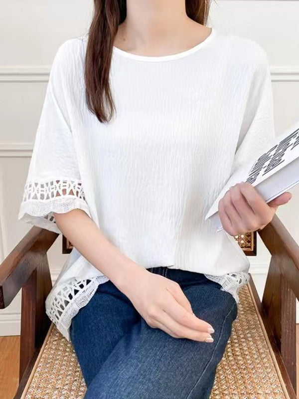 Hollow Solid Color Flared Sleeves Half Sleeves Round-Neck T-Shirts Tops