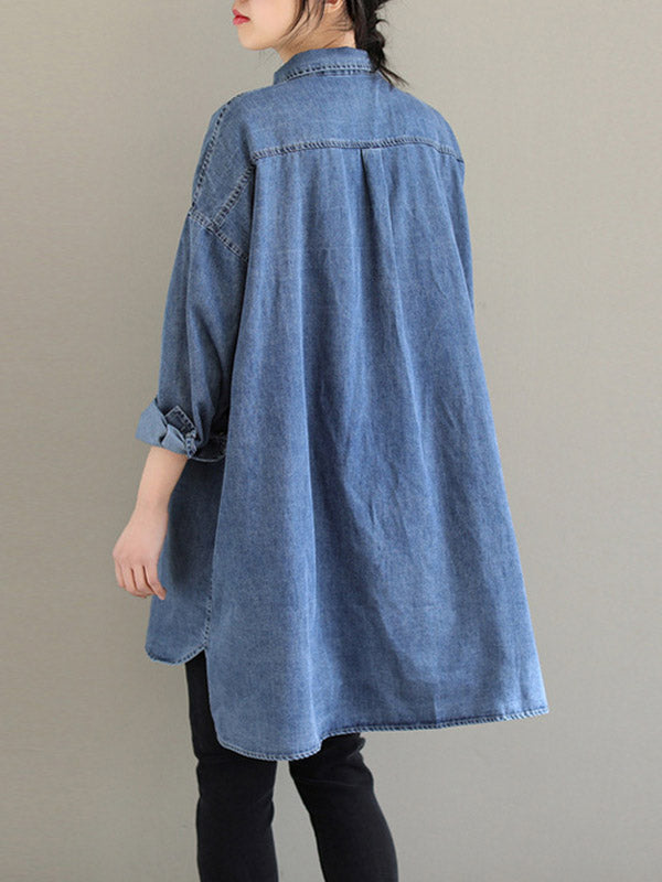 Asymmetric Buttoned Pockets Split-Joint High-Low Long Sleeves Lapel Blouses&Shirts Tops