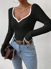 Contrast Color Pleated Split-Joint Long Sleeves Skinny V-Neck T-Shirts