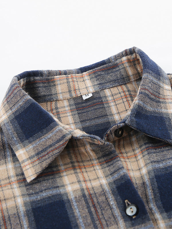 Plaid Split-Joint Long Sleeves Loose Lapel Blouses