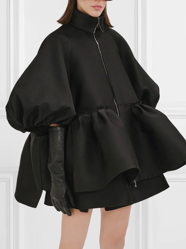 Half Puff Sleeves Loose Falbala Zipper High-Neck Jackets Outerwear