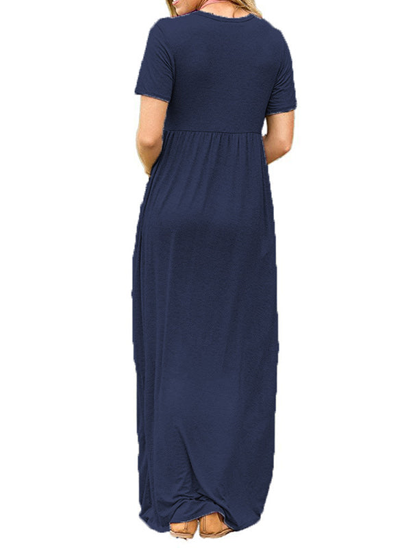 Pleated Pockets Solid Color Split-Joint High Waisted Short Sleeves Round-Neck Maxi Dresses
