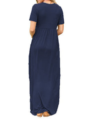 Pleated Pockets Solid Color Split-Joint High Waisted Short Sleeves Round-Neck Maxi Dresses