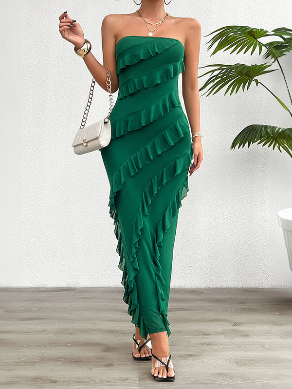 Ruffle Trim Solid Color Split-Back Split-Joint Bodycon High Waisted Tube Maxi Dresses