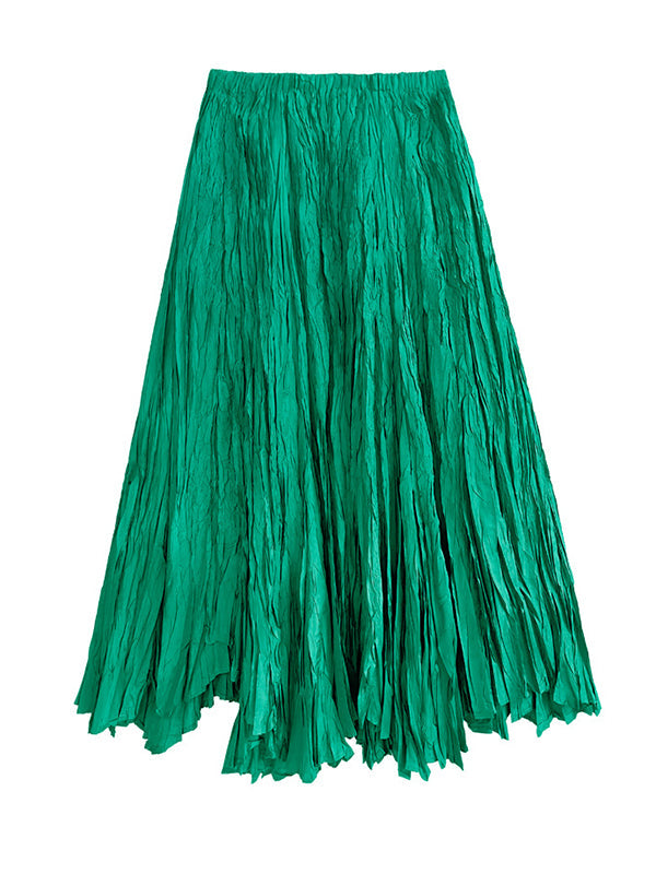 High-Waisted Pleated Solid Color A-Line Irregular Clipping Skirts