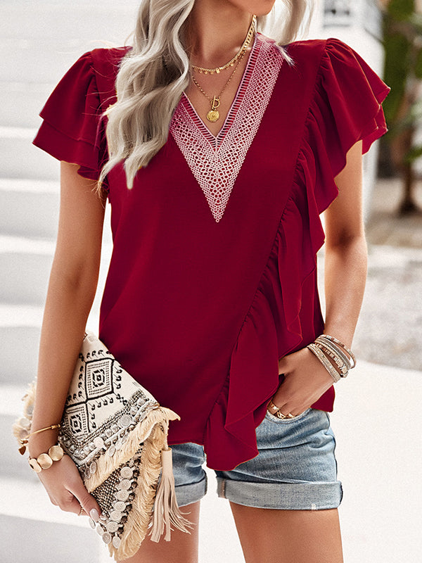Applique Split-Joint Loose Short Sleeves V-Neck T-Shirts Tops