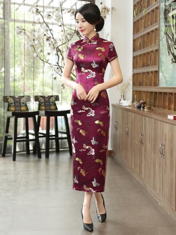 5 Colors Butterflies Print Long Cheongsam