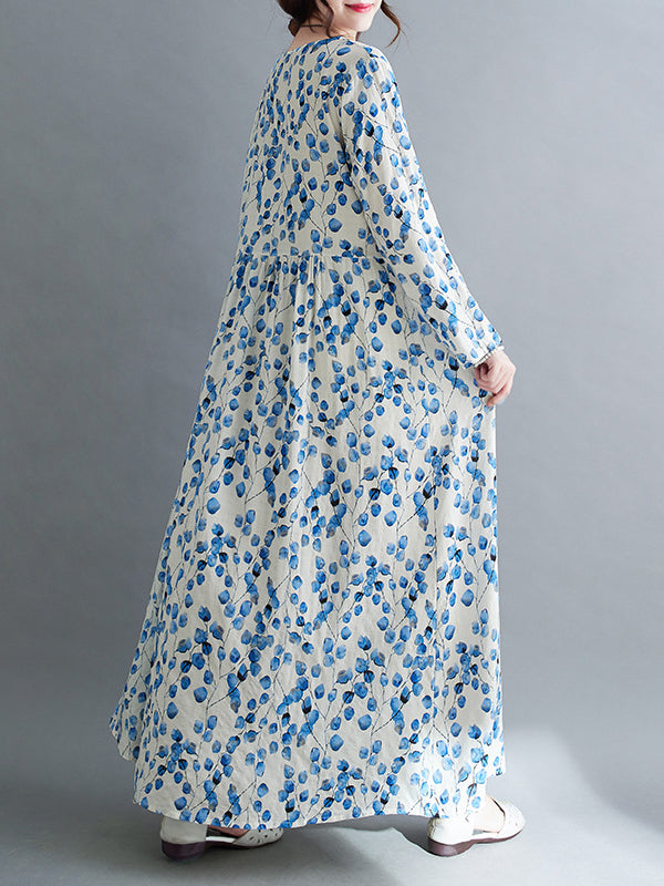 Flower Print Split-Joint Long Sleeves Loose Round-Neck Midi Dresses