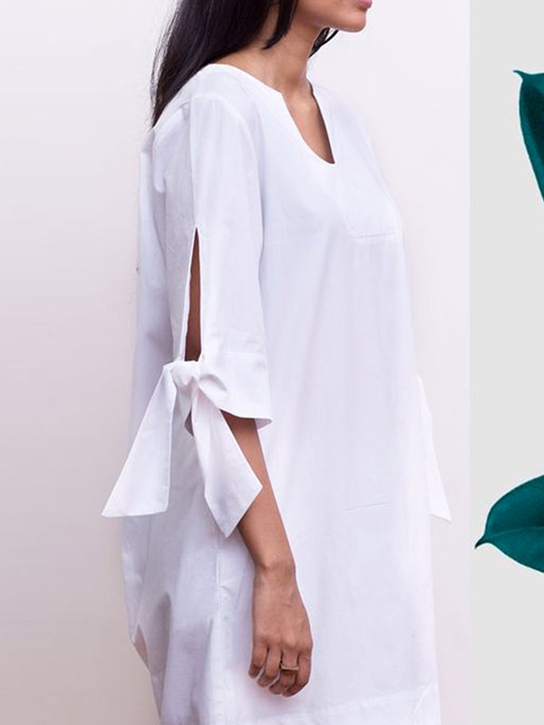 Solid Color Half Sleeves Loose V-Neck Mini Dresses