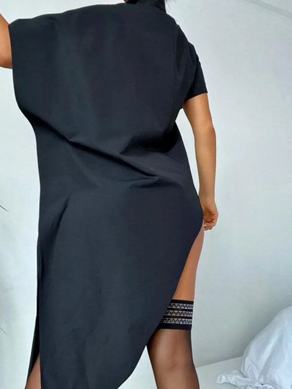 Asymmetric Buttoned Solid Color Half Sleeves Loose Mock Neck Blouses&Shirts Tops
