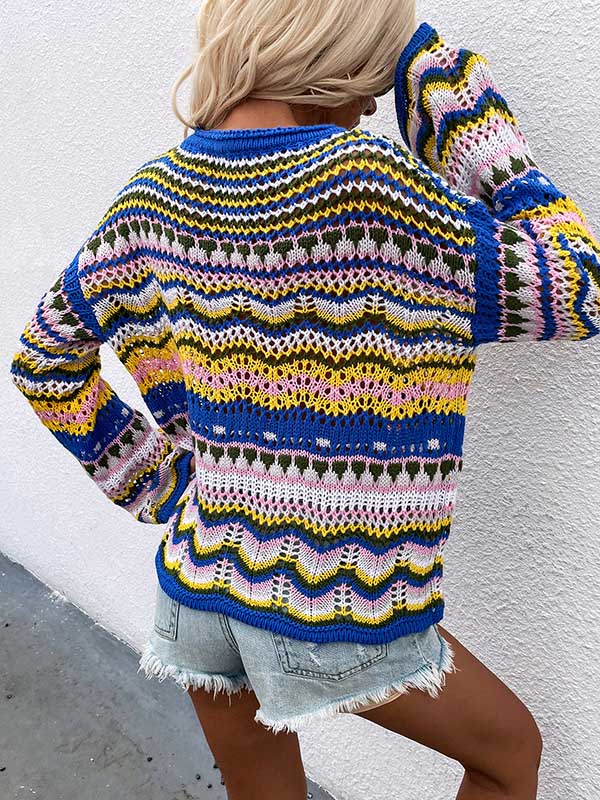 4 Colors Loose Contrast Color Round-Neck Sweater Top