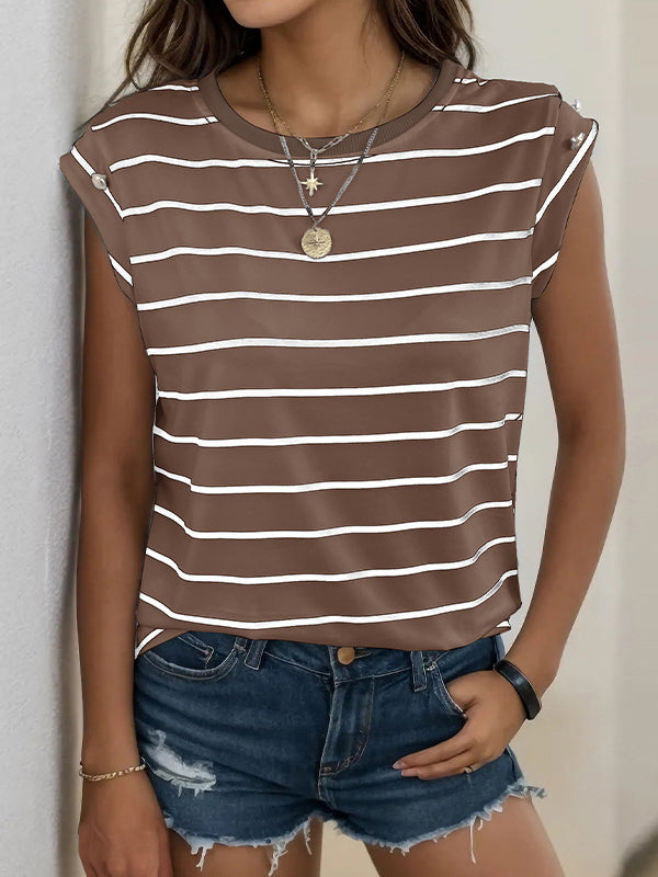 Split-Joint Striped Loose Short Sleeves Round-Neck T-Shirts