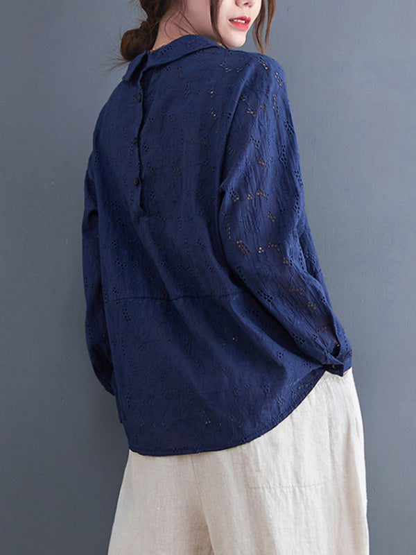 Loose 3 Colors Embroidered Hollow Lapel Collar Long Sleeves T-Shirt