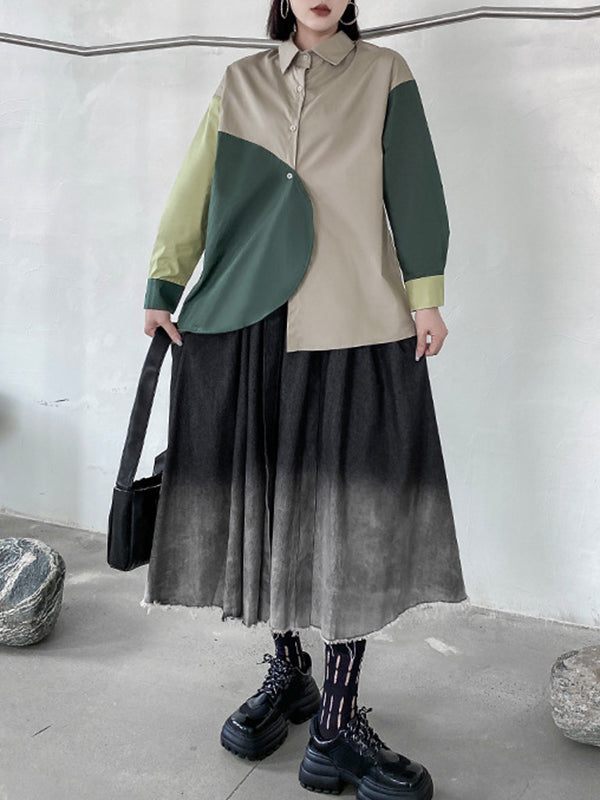 Asymmetric Buttoned Contrast Color Long Sleeves Loose Lapel Blouses&Shirts Tops