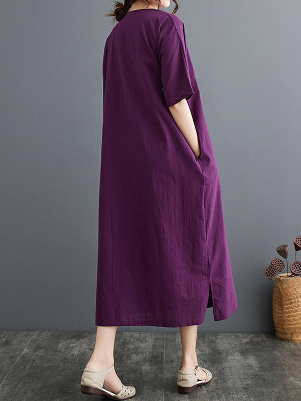 Chinese Frog Buttons Pockets Solid Color Split-Side A-Line Loose V-Neck Midi Dresses
