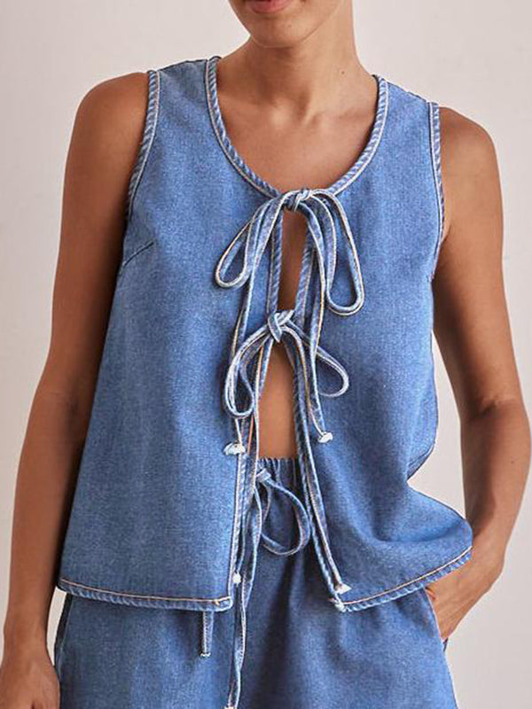 Lace-Up Split-Joint Loose Sleeveless Round-neck Vest Top
