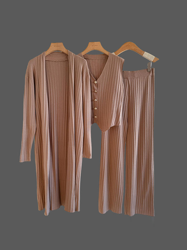 Knitting Sleeveless V-neck Vest Top +  Long Sleeves Cardigan + High Waisted Pants Three Pieces Set