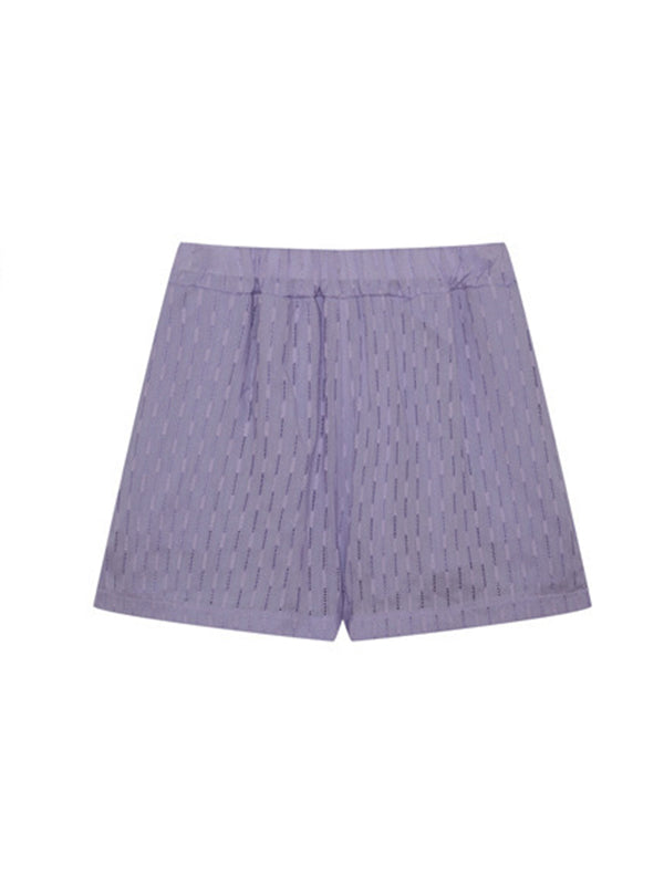 Buttoned Jacquard High-Low Long Sleeves Solid Color Lapel Shirts Top +Shorts Bottom Two Pieces Set