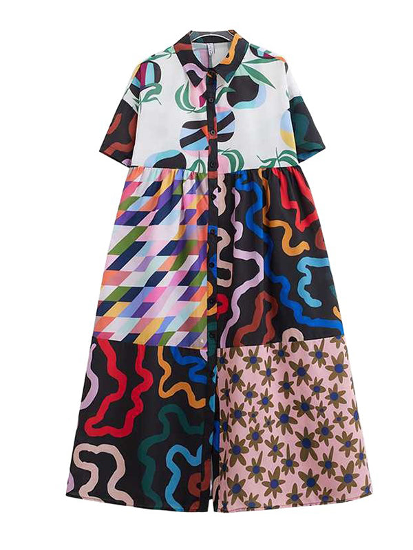 Buttoned Printed Split-Joint A-line Loose Lapel Shirt Dress Midi Dresses