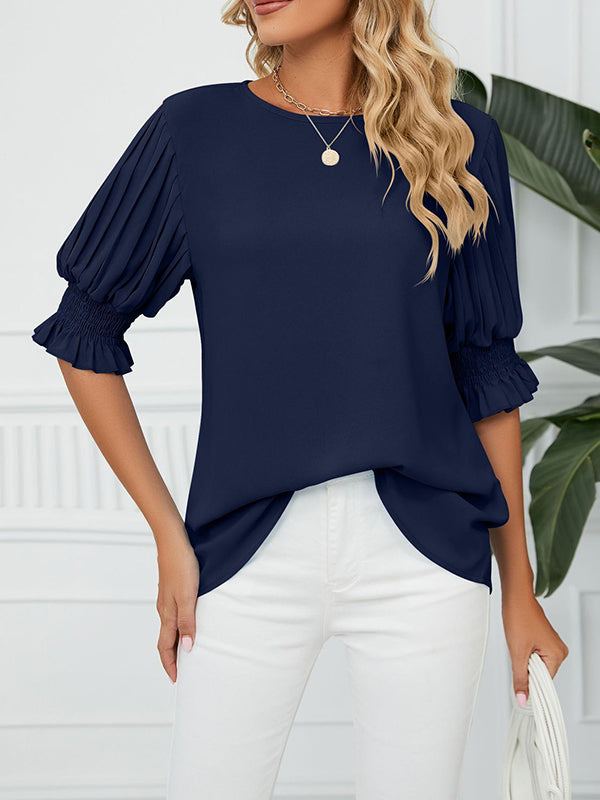 Pleated Solid Color Loose Puff Sleeves Round-Neck T-Shirts Tops