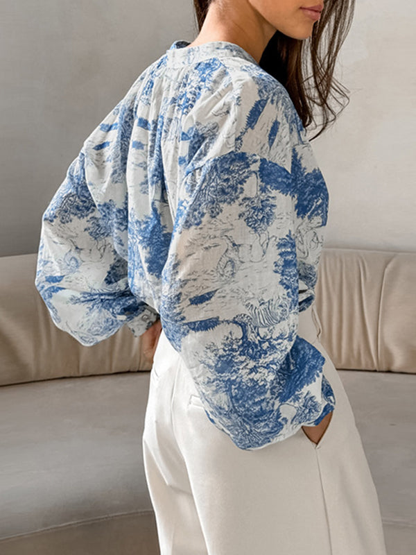 Floral Printed Pleated Split-Joint Loose Puff Sleeves Stand Collar Blouses&Shirts Tops