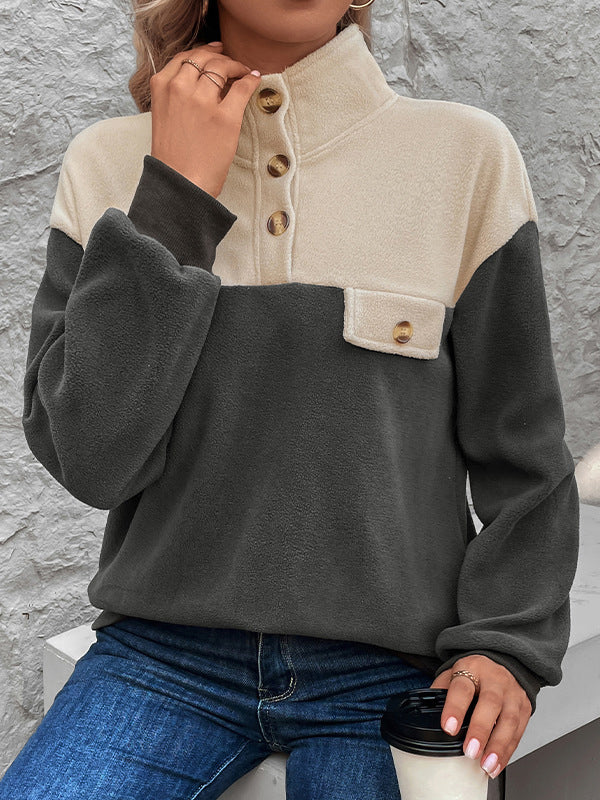 Buttoned Contrast Color Split-Joint Velvet Long Sleeves Loose Stand Collar Sweatshirt Tops