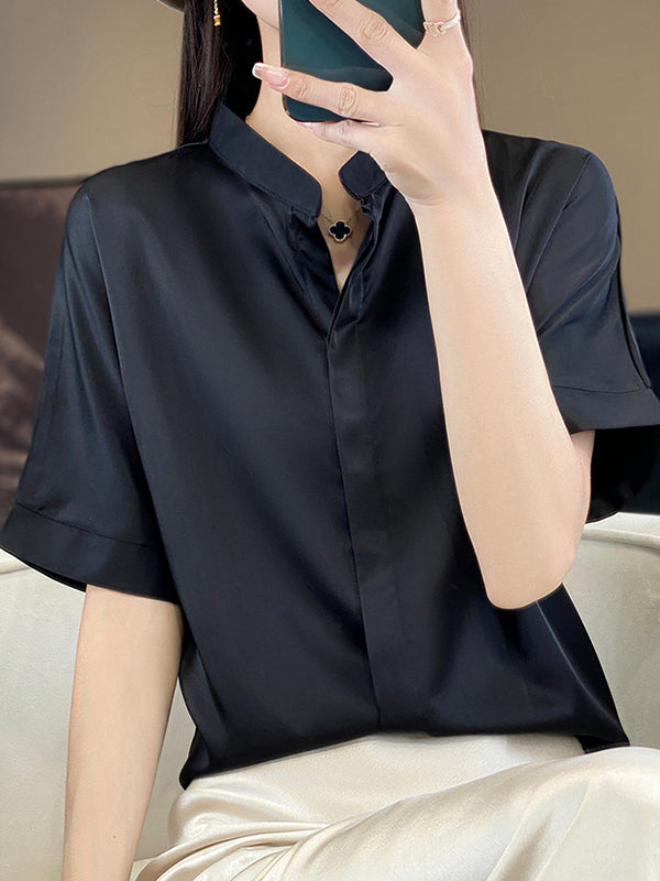 Buttoned Solid Color Loose Short Sleeves Stand Collar Blouses&Shirts Tops
