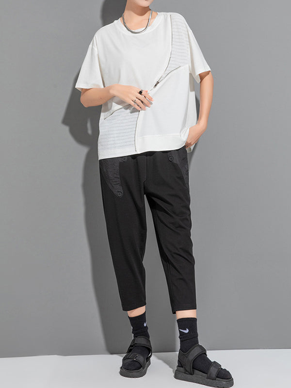 Asymmetric Split-Joint Zipper Loose Short Sleeves Round-neck T-Shirts Tops
