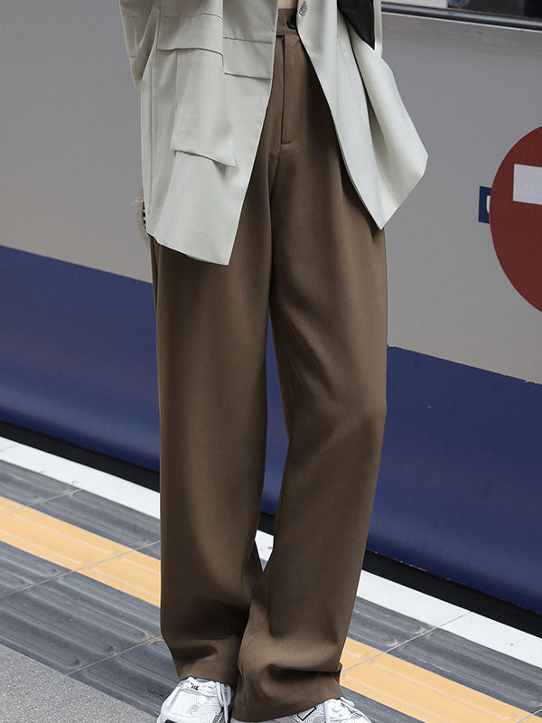 Buttoned Pleated Pockets Solid Color High Waisted Loose Suit Pants