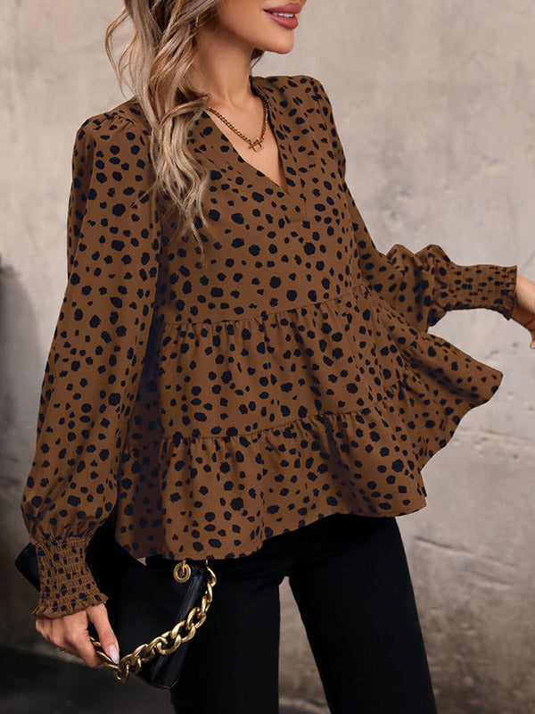 Elasticity Polka-Dot Split-Joint Long Sleeves Loose V-Neck Blouses&Shirts Tops