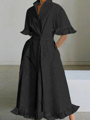 Buttoned Pockets Ruffle Trim Solid Color Split-Joint A-line Half Sleeves Stand Collar Midi Dresses